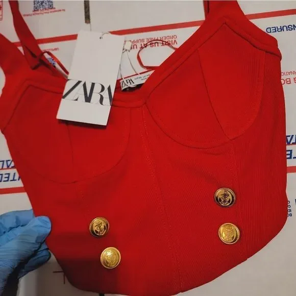 ZARA CORSET TOP RED NWT GOLD BUTTONS bloggers fav - Picture 6 of 8